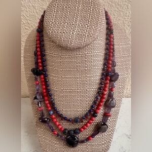3 strand Amethyst, Garnet, Lapis, Coral and Sodalite “Berry Patch” necklace NWT
